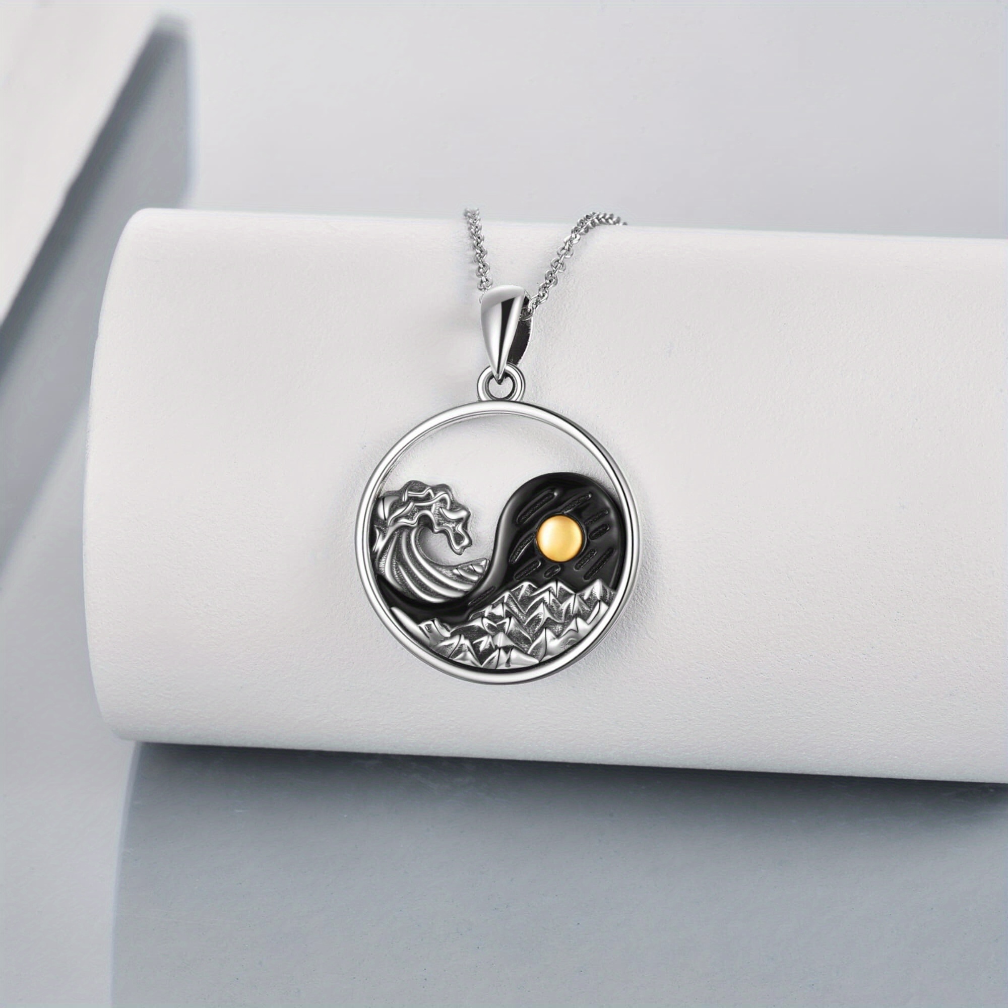 925 Sterling Silver Mountain & Wave Pendant Necklace